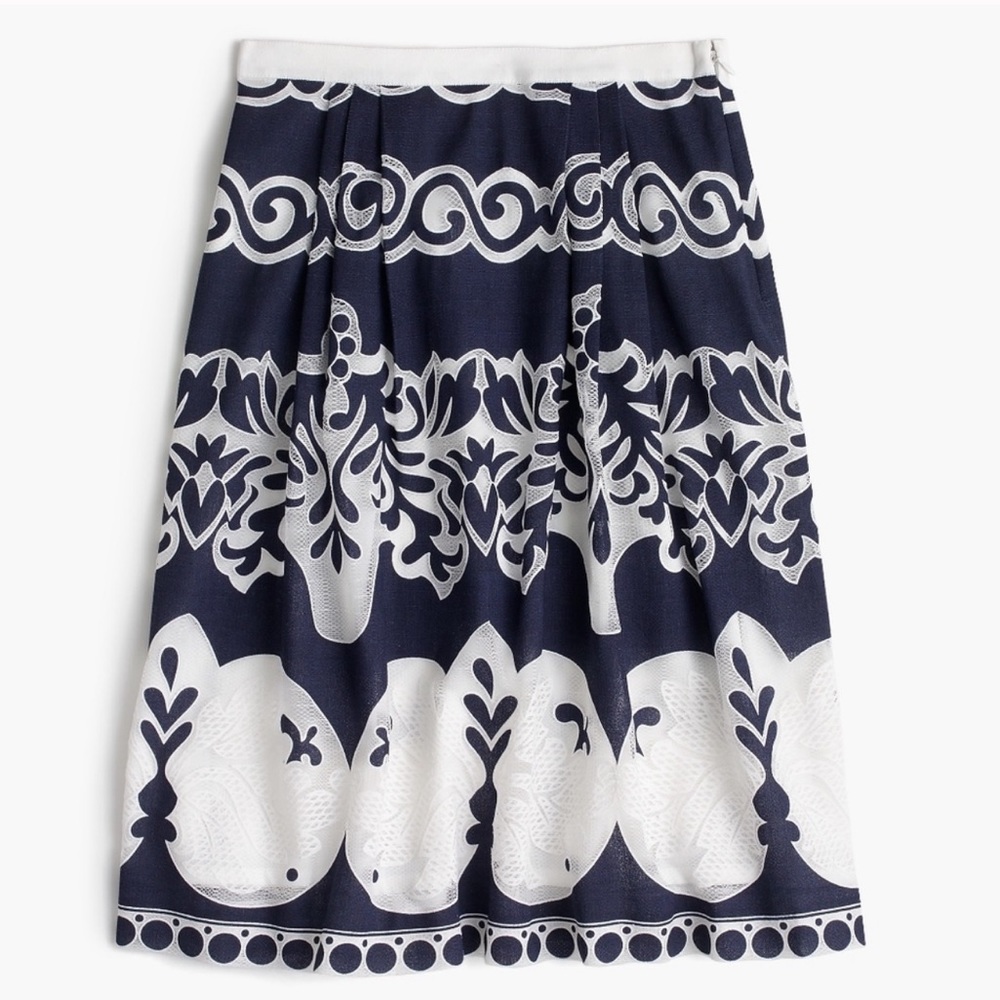 J.Crew navy blue and white Ornate lace skirt